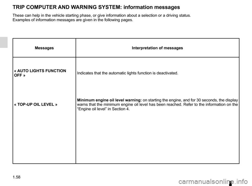 RENAULT ESPACE 2012 J81 / 4.G Repair Manual 1.58
ENG_UD24100_1
Ordinateur de bord : messages d’information (X81 - J81 - Renault)
ENG_NU_932-3_X81ph3_Renault_1
TrIP cOMPUTer  and WarnInG sYsTeM: information messages
Messages Interpretation of 