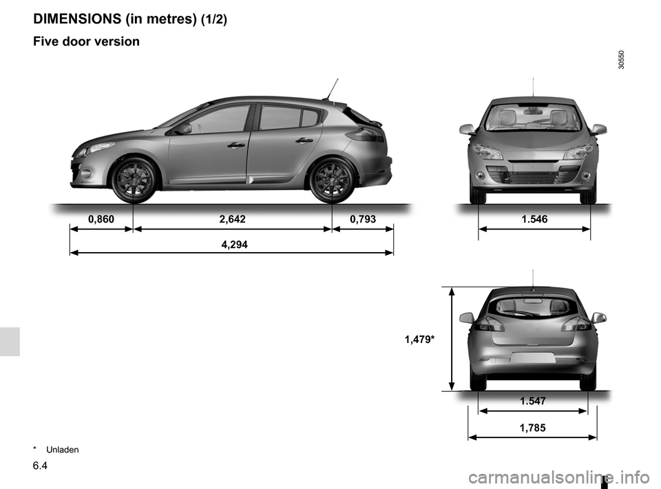 RENAULT FLUENCE 2012 1.G Owners Manual technical specifications ......................... (up to the end of the DU)
dimensions  ........................................... (up to the end of the DU)
6.4
ENG_UD27189_5
Dimensions (en mètre) 