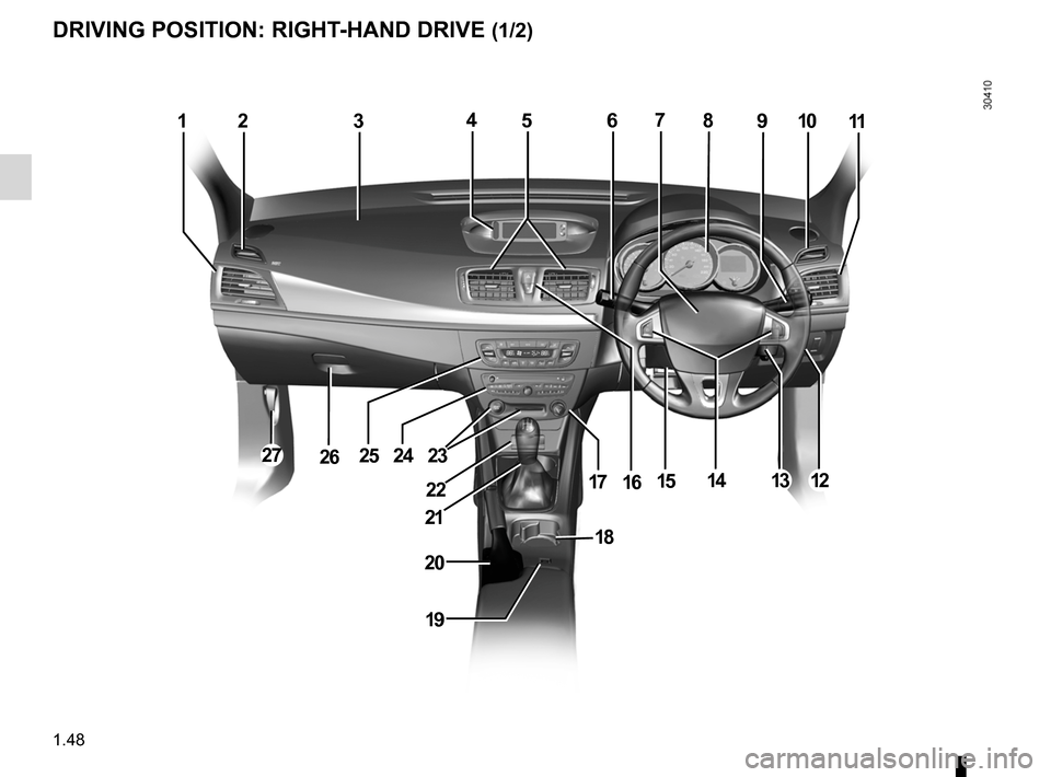RENAULT FLUENCE 2012 1.G Workshop Manual driver’s position .................................... (up to the end of the DU)
controls  ................................................. (up to the end of the DU)
dashboard .....................