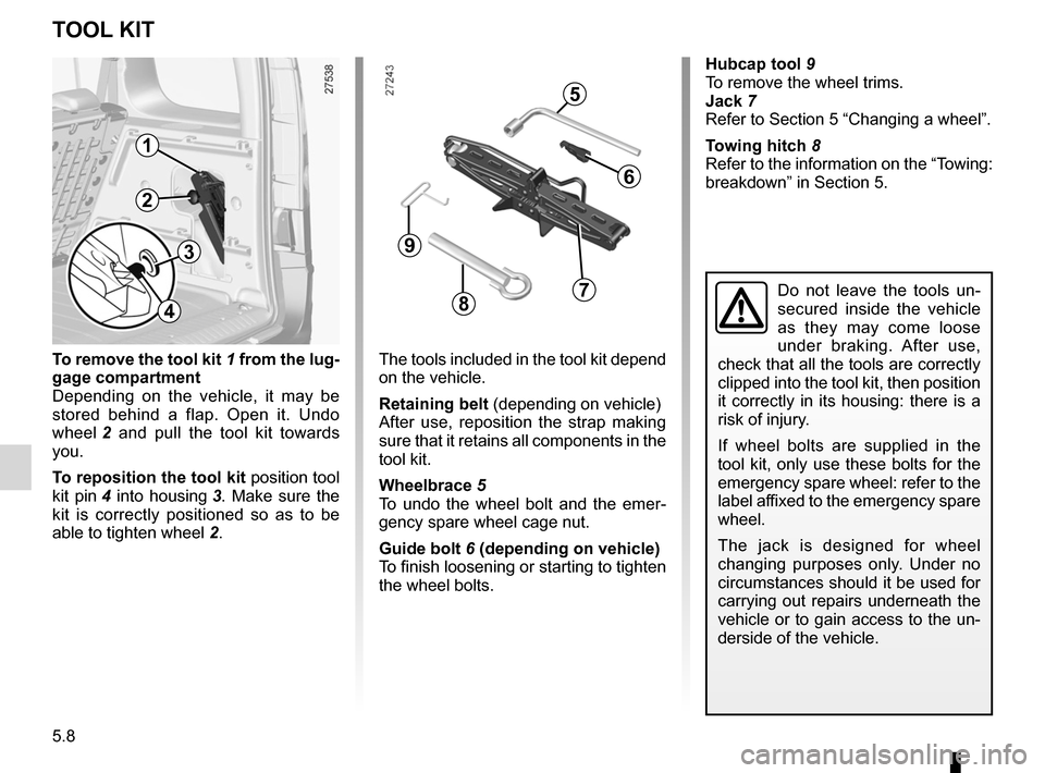 RENAULT KANGOO 2012 X61 / 2.G Owners Manual tool kit .................................................................... (current page)
hubcap tool  ............................................................ (current page)
wheelbrace  ......