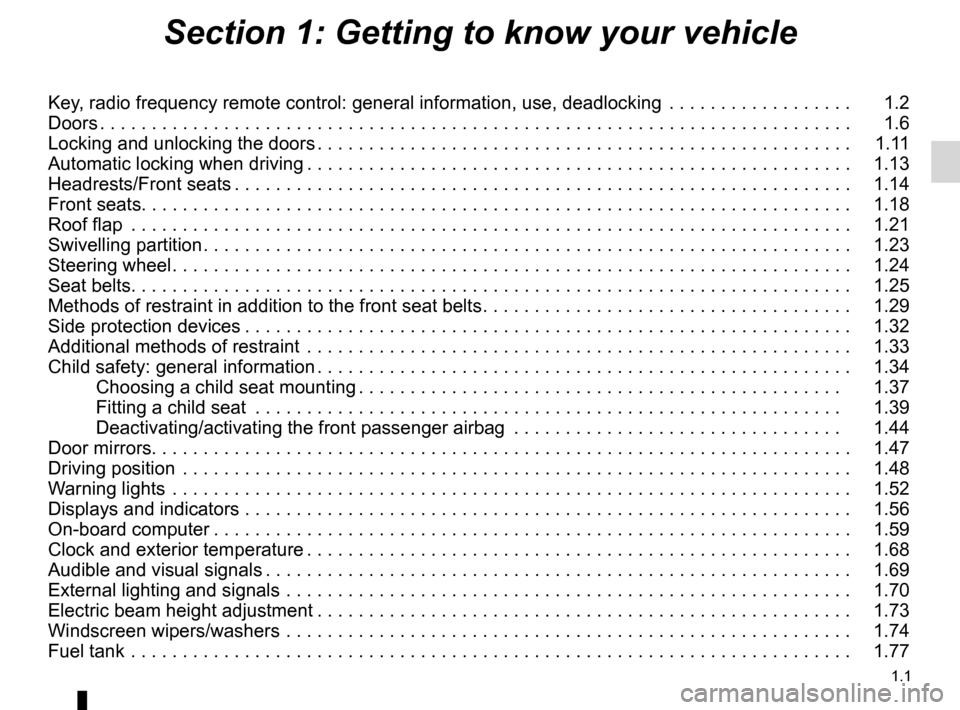RENAULT KANGOO 2012 X61 / 2.G Owners Manual 1.1
ENG_UD29618_11
Sommaire 1 (X61 - F61 - K61 - Renault)
ENG_NU_813-11_FK61_Renault_1
Section 1: Getting to know your vehicle
Key, radio frequency remote control: general information, use, deadlockin