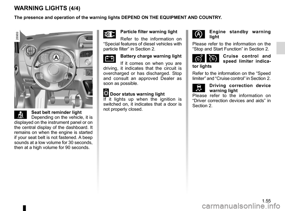 RENAULT KANGOO 2012 X61 / 2.G Repair Manual JauneNoirNoir texte
1.55
ENG_UD24365_6
Tableau de bord : témoins lumineux (X61 - F61 - K61 - Renault)
ENG_NU_813-11_FK61_Renault_1
WARNING LIGHTS (4/4)
çSeat belt reminder light
Depending on the veh