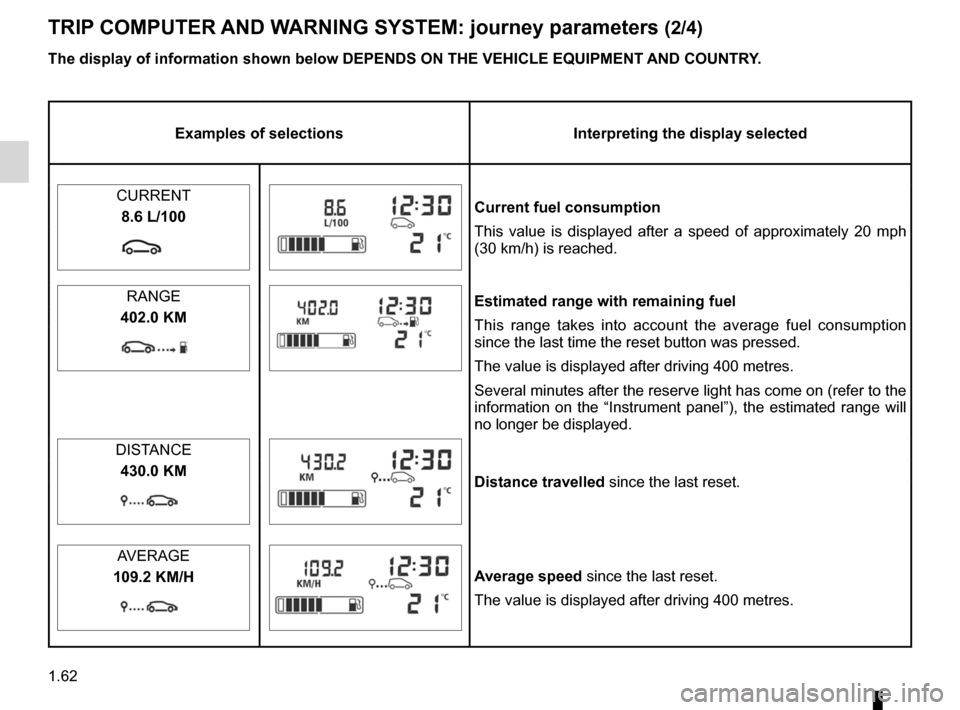 RENAULT KANGOO 2012 X61 / 2.G Repair Manual 1.62
ENG_UD26556_3
Ordinateur de bord : paramètres de voyage (X85 - X61 - F61 - K61 - Renault)
ENG_NU_813-11_FK61_Renault_1
Jaune NoirNoir texte
TRIp COMpUTeR AND WARNING SySTeM: journey parameters  