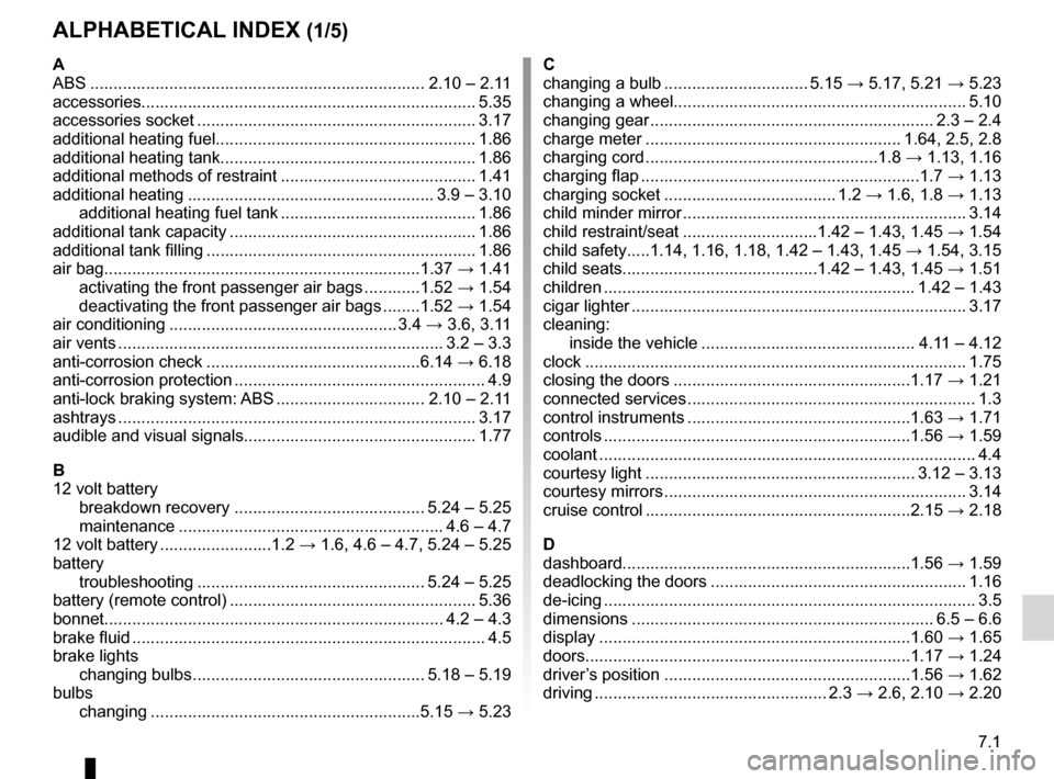 RENAULT KANGOO ZERO EMISSION 2012 X61 / 2.G User Guide 7.1
FRA_UD29098_4
Index (X61 - F61 - Renault)
ENG_NU_911-4_F61e_Renault_7
AlphAbeticAl index (1/5)
A
ABS  ........................................................................ 2.10 – 2.11
accesso