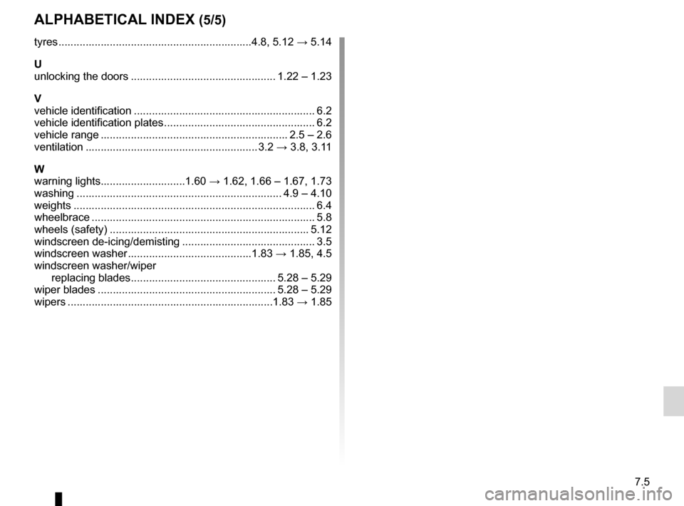 RENAULT KANGOO ZERO EMISSION 2012 X61 / 2.G Owners Manual JauneNoirNoir texte
7.5
FRA_UD29098_4
Index (X61 - F61 - Renault)
ENG_NU_911-4_F61e_Renault_7
AlphAbeticAl index (5/5)
tyres ................................................................ 4.8, 5.12 RENAULT KANGOO ZERO EMISSION 2012 X61 / 2.G Owners Manual JauneNoirNoir texte
7.5
FRA_UD29098_4
Index (X61 - F61 - Renault)
ENG_NU_911-4_F61e_Renault_7
AlphAbeticAl index (5/5)
tyres ................................................................ 4.8, 5.12