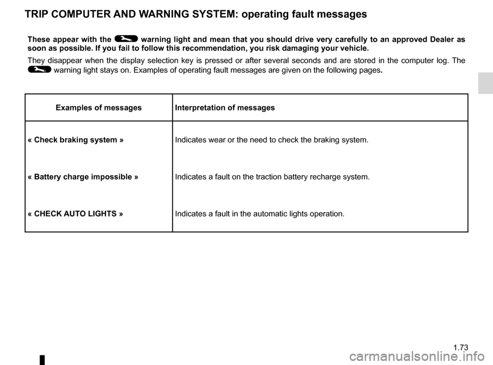 RENAULT KANGOO ZERO EMISSION 2012 X61 / 2.G User Guide instrument panel messages...................................(current page)
trip computer and warning system .........................(current page)
instrument panel  ..................................