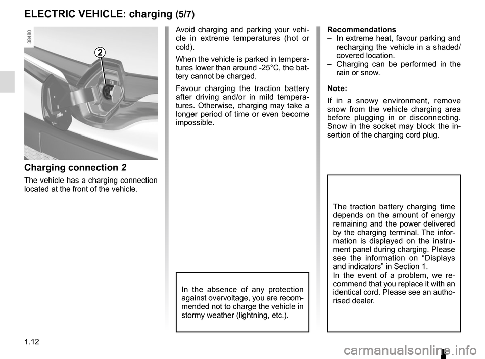 RENAULT KANGOO VAN ZERO EMISSION 2012 X61 / 2.G Owners Manual 1.12
ELECTRIC VEHICLE: charging (5/7)
Charging connection  2
The vehicle has a charging connection 
located at the front of the vehicle. Avoid charging and parking your vehi-
cle in extreme temperatur