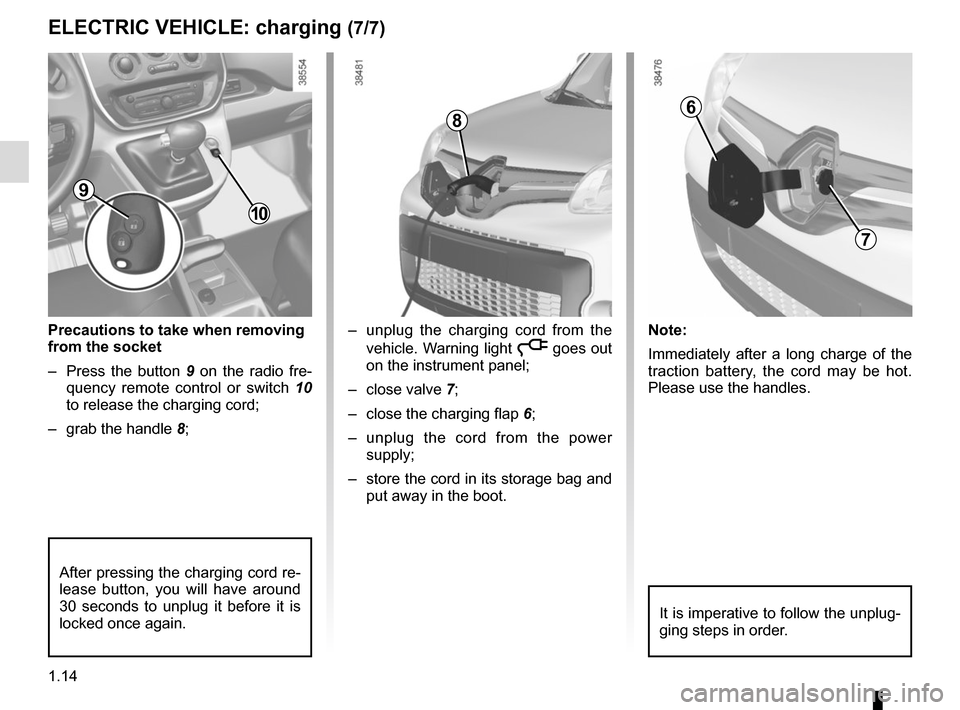 RENAULT KANGOO VAN ZERO EMISSION 2012 X61 / 2.G User Guide 1.14
Precautions to take when removing 
from the socket
–  Press the button 9 on the radio fre-
quency remote control or switch 10  
to release the charging cord;
–  grab the handle  8;–  unplug