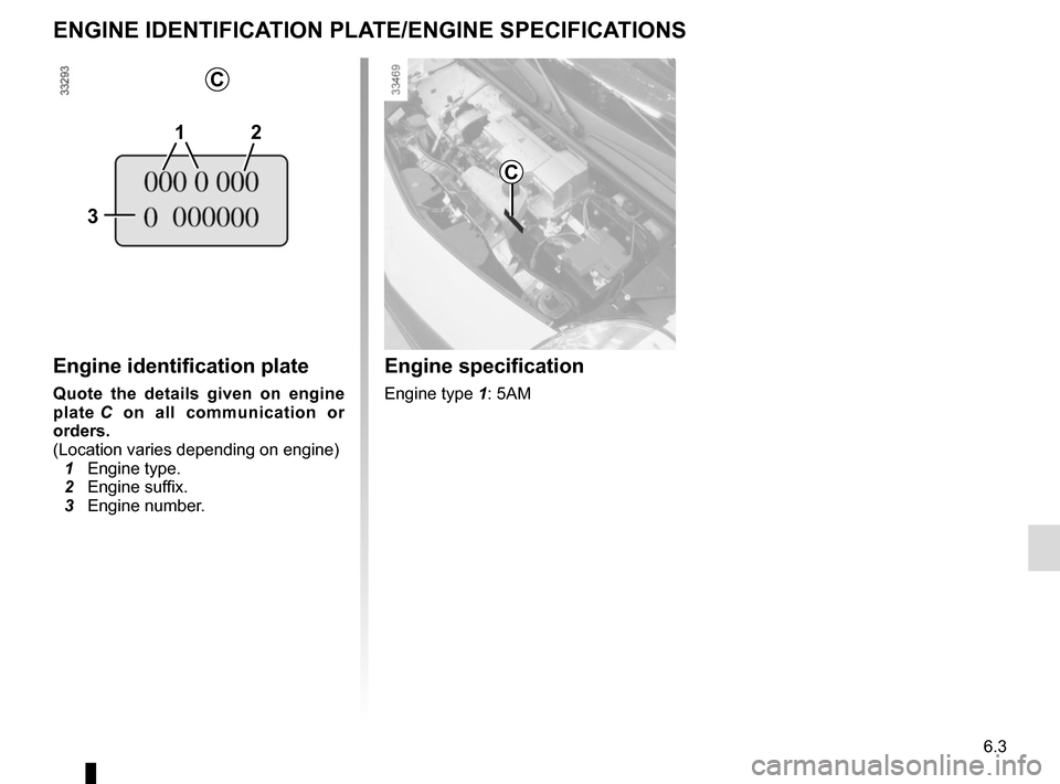 RENAULT KANGOO VAN ZERO EMISSION 2012 X61 / 2.G Workshop Manual 6.3
Engine identification plate
Quote the details given on engine 
plate C on all communication or 
orders.
(Location varies depending on engine)
  1 Engine type.
  2 Engine suffix.
  3 Engine number.