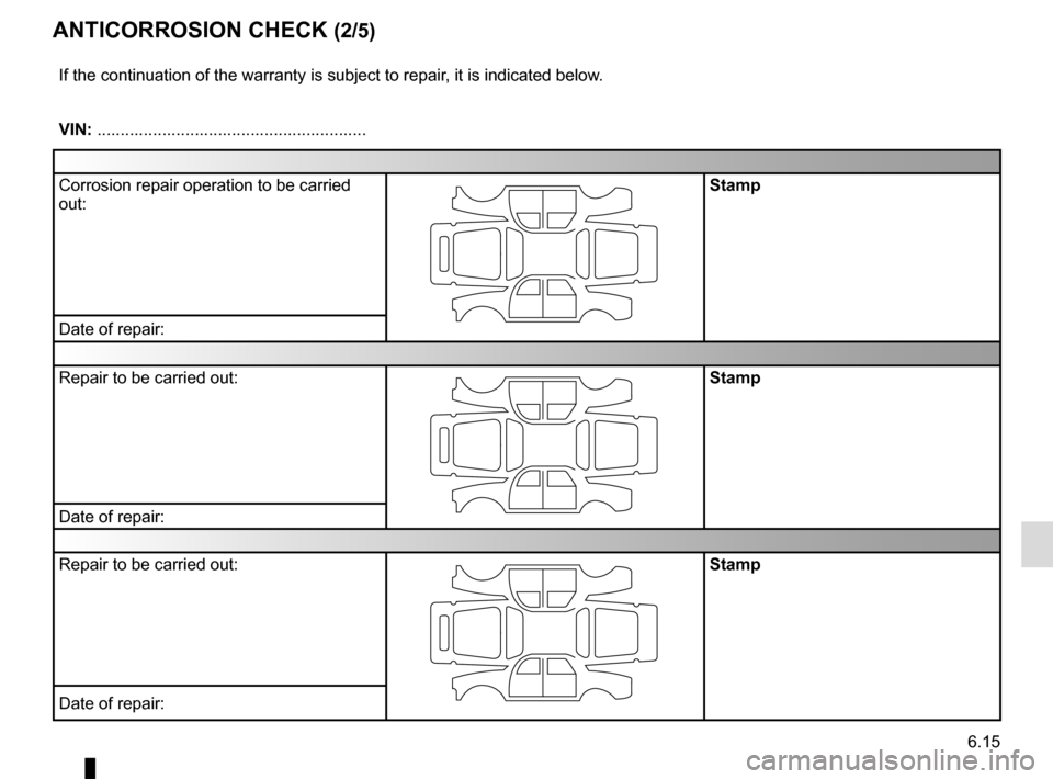 RENAULT KANGOO VAN ZERO EMISSION 2012 X61 / 2.G Owners Manual 6.15
ANTICORROSION CHECK (2/5)
If the continuation of the warranty is subject to repair, it is indicated below.
VIN: ..........................................................
Corrosion repair operati