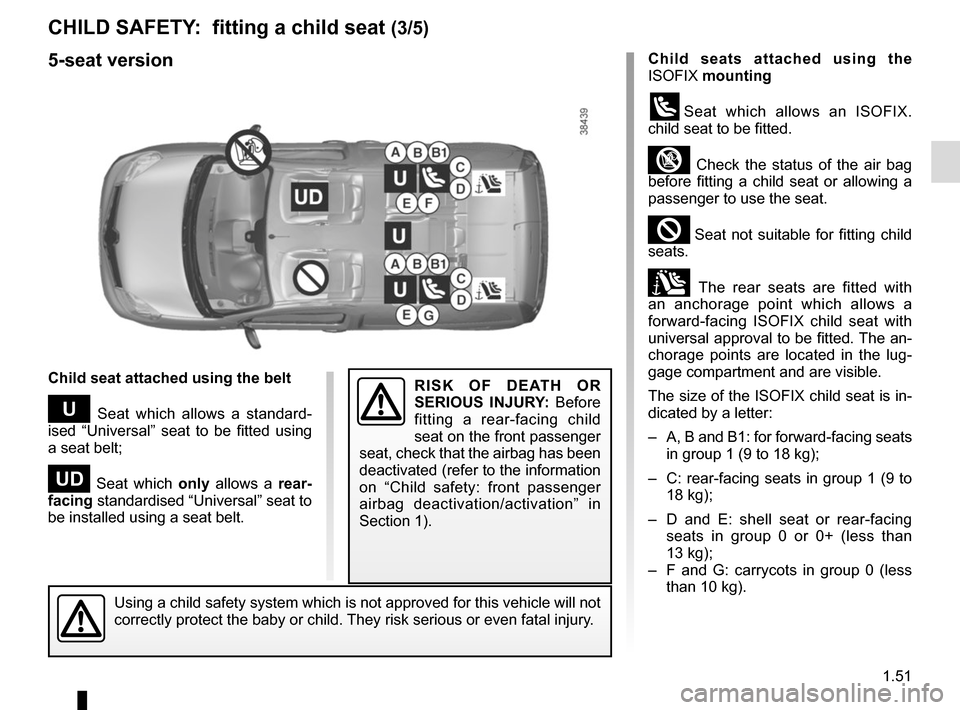 RENAULT KANGOO VAN ZERO EMISSION 2012 X61 / 2.G Workshop Manual 1.51
CHILD SAFETY: fitting a child seat (3/5)
Child seats attached using the
ISOFIX mounting
üSeat which allows an ISOFIX.
child seat to be fitted.
³ Check the status of the air bag
before fitt RENAULT KANGOO VAN ZERO EMISSION 2012 X61 / 2.G Workshop Manual 1.51
CHILD SAFETY: fitting a child seat (3/5)
Child seats attached using the
ISOFIX mounting
üSeat which allows an ISOFIX.
child seat to be fitted.
³ Check the status of the air bag
before fitt