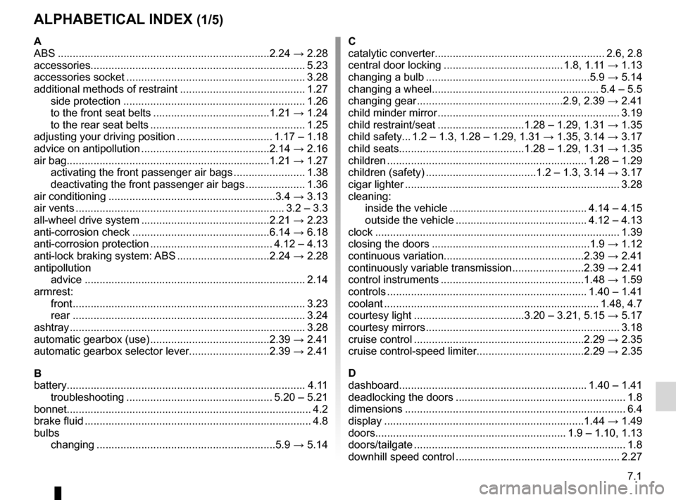 RENAULT KOLEOS 2012 1.G User Guide 7.1
ENG_UD27169_2
Index (X45 - H45 - Renault)
ENG_NU_977-2_H45_Ph2_Renault_7
AlphAbeticAl index (1/5)
A
ABS  ....................................................................... 2.24 → 2.28
acces