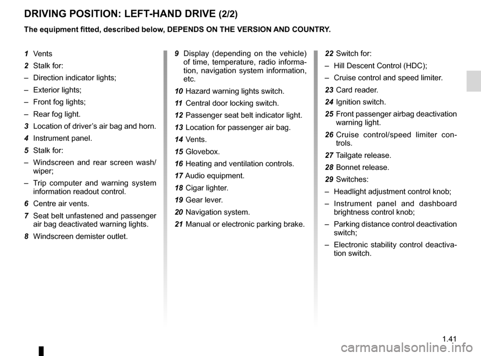 RENAULT KOLEOS 2012 1.G Service Manual JauneNoirNoir texte
1.41
ENG_UD27144_6
Poste de conduite direction    gauche (X45 - H45 - Renault)
ENG_NU_977-2_H45_Ph2_Renault_1
dRIvINg pOsITION: LEfT -hANd dRIvE (2/2)
The equipment fitted, describ