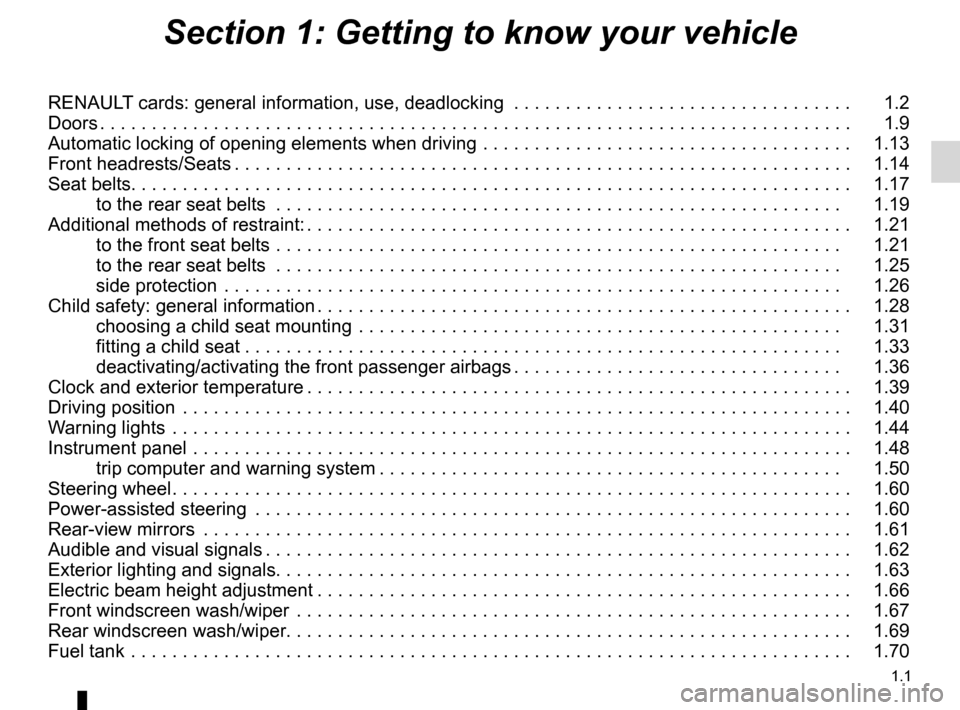RENAULT KOLEOS 2012 1.G Owners Manual 1.1
ENG_UD27163_2
Contents 1 (X45 - H45 - Renault)
ENG_NU_977-2_H45_Ph2_Renault_1
Section 1: Getting to know your vehicle
RENAULT cards: general information, use, deadlocking  . . . . . . . . . . . . 