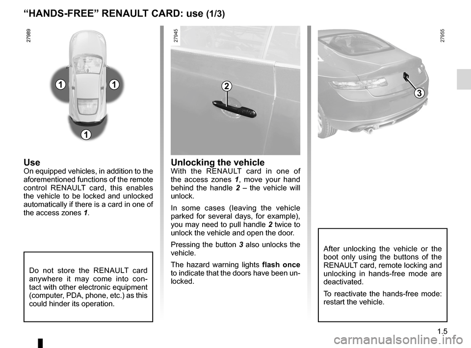 RENAULT LAGUNA COUPE 2012 X91 / 3.G User Guide locking the doors .................................. (up to the end of the DU)
RENAULT card use  .................................................. (up to the end of the DU)
1.5
ENG_UD29085_5
Carte RE