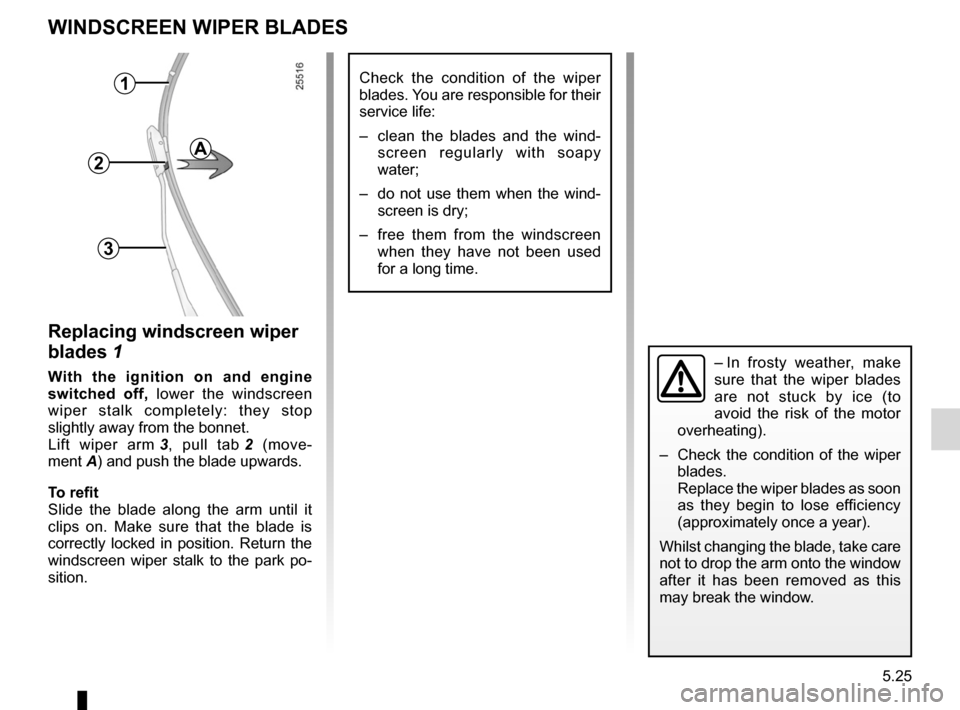 RENAULT LAGUNA COUPE 2012 X91 / 3.G User Guide wiper blades ......................................... (up to the end of the DU)
wipers blades  ............................................. (up to the end of the DU)
5.25
ENG_UD4848_1
Balais d’ess