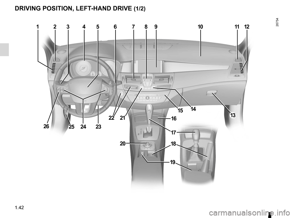 RENAULT LAGUNA 2012 X91 / 3.G Service Manual driver’s position .................................... (up to the end of the DU)
controls  ................................................. (up to the end of the DU)
dashboard .....................