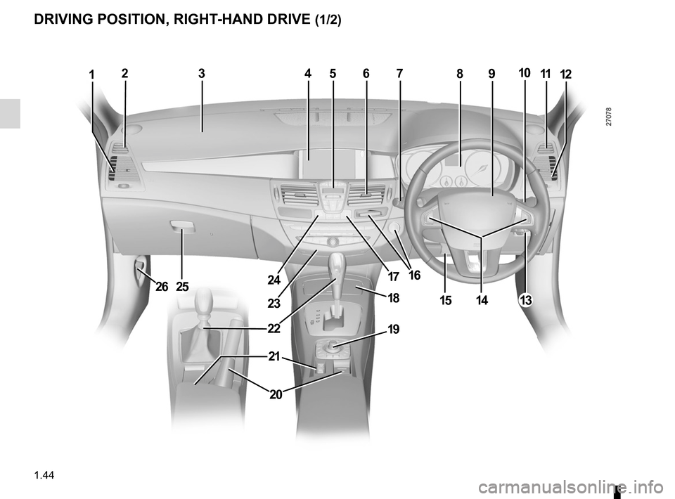 RENAULT LAGUNA 2012 X91 / 3.G Owners Manual driver’s position .................................... (up to the end of the DU)
controls  ................................................. (up to the end of the DU)
dashboard .....................