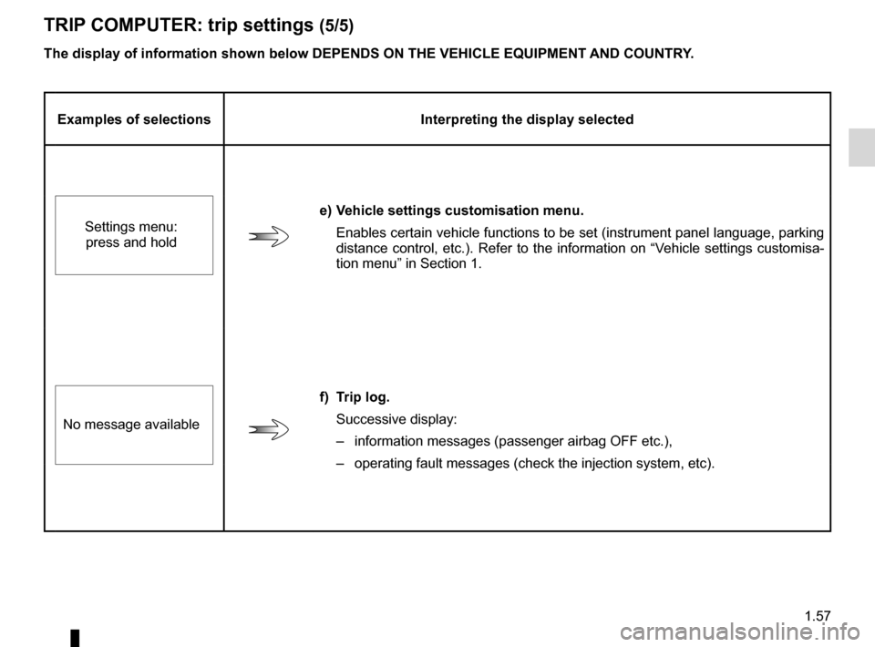 RENAULT LAGUNA 2012 X91 / 3.G Repair Manual JauneNoirNoir texte
1.57
ENG_UD23764_1
Ordinateur de bord : paramètres de voyage (X91 - B91 - K91 - Renault)
ENG_NU_936-5_BK91_Renault_1
Examples of selections Interpreting the display selected
e) ve