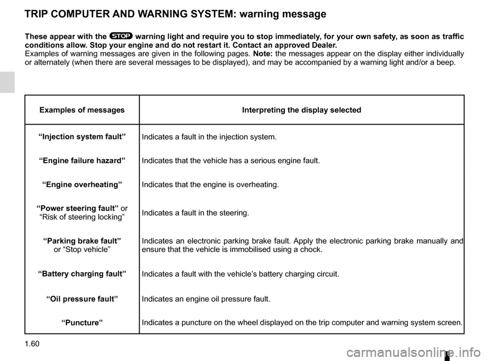 RENAULT LAGUNA 2012 X91 / 3.G Repair Manual trip computer and warning system.........................(current page)
warning lights ......................................................... (current page)
instrument panel messages .............. RENAULT LAGUNA 2012 X91 / 3.G Repair Manual trip computer and warning system.........................(current page)
warning lights ......................................................... (current page)
instrument panel messages ..............