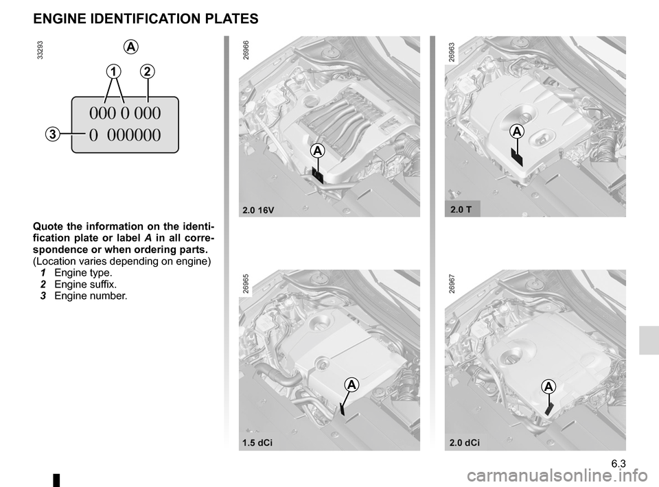 RENAULT LAGUNA TOURER 2012 X91 / 3.G Owners Manual 6.3
ENG_UD25516_3
Plaque d’identification moteur (X91 - B91 - K91 - Renault)
ENG_NU_936-5_BK91_Renault_6
Engine identification plates
engine identification plates
Quote  the  information  on  the  i