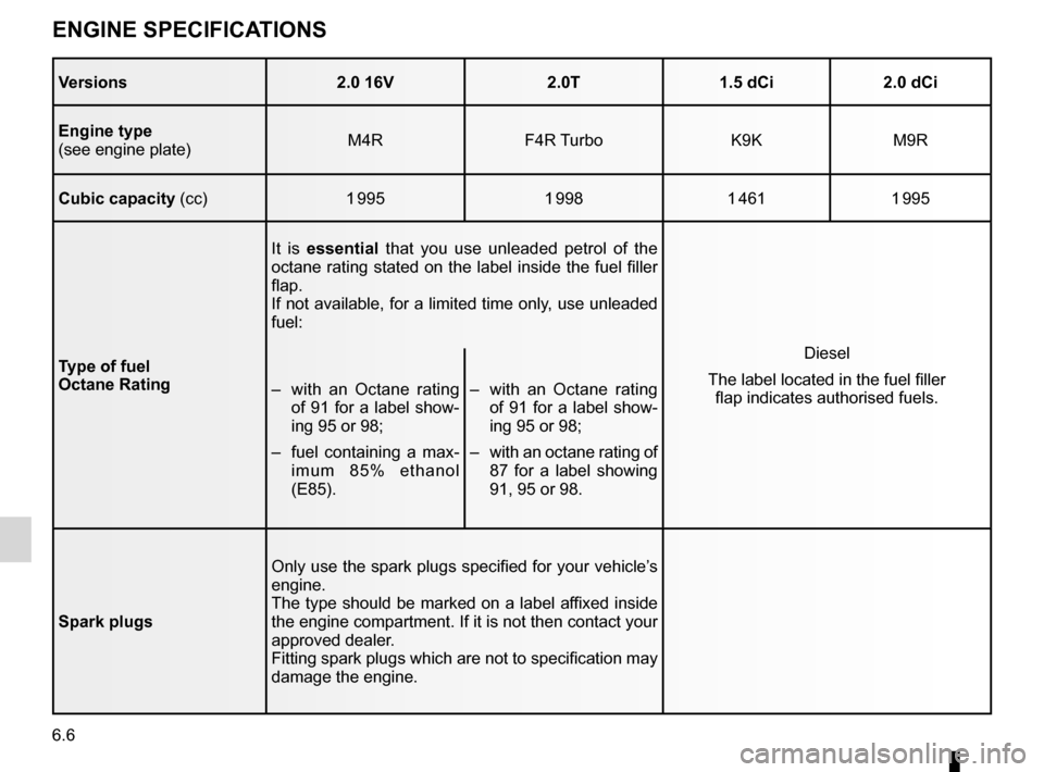 RENAULT LAGUNA TOURER 2012 X91 / 3.G Owners Manual enginetechnical specifications  ................... (up to the end of the DU)
technical specifications  ......................... (up to the end of the DU)
engine specifications  .....................