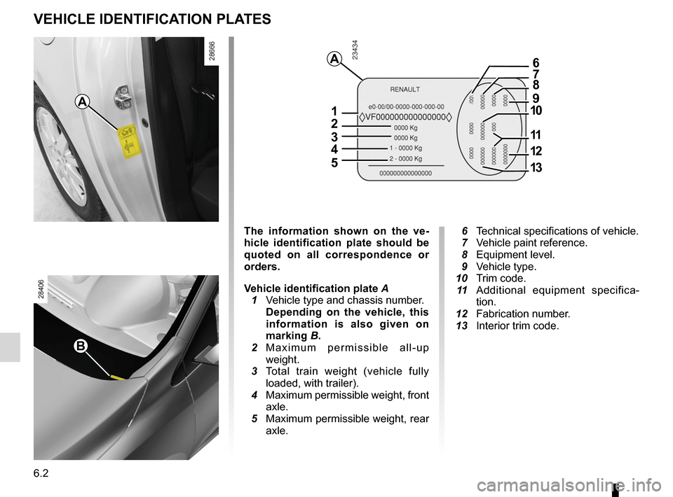 RENAULT MEGANE RS 2012 X95 / 3.G Owners Manual 6.2
ENG_UD14568_2
Plaques d’identification véhicule (X95 - B95 - D95 - K95 - Renaul\
t)
ENG_NU_837-6_BDK95_Renault_6
Vehicle identification plates
Vehicle identification plates
  6  Technical speci