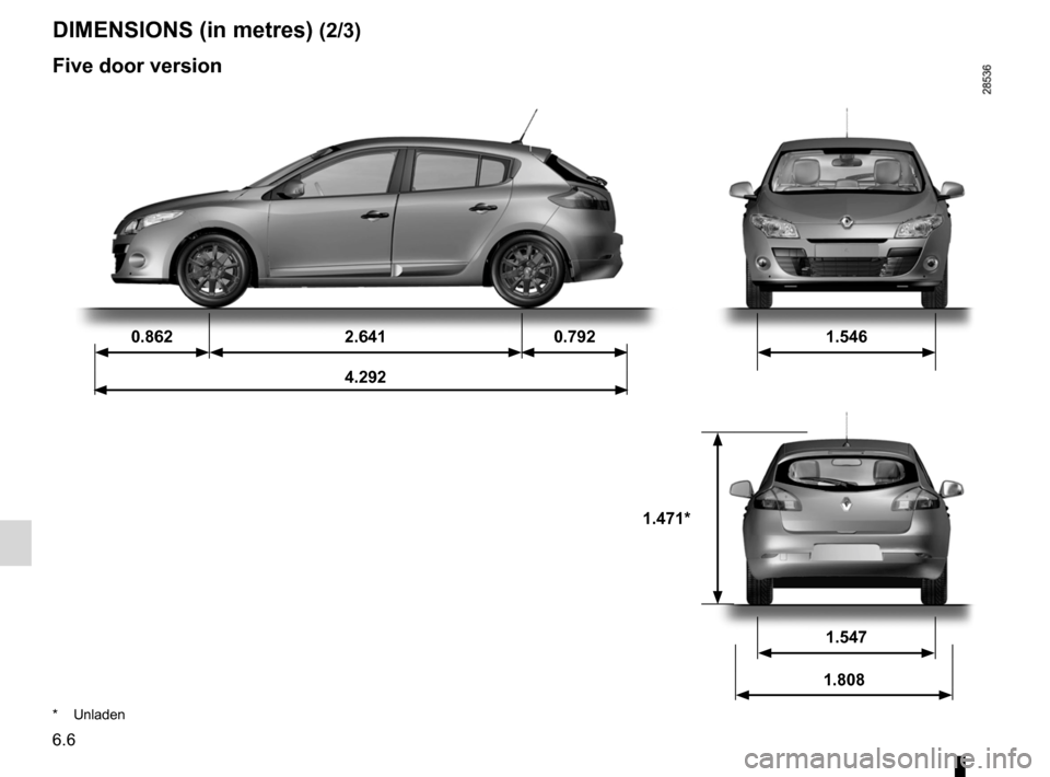 RENAULT MEGANE RS 2012 X95 / 3.G Owners Manual 6.6
ENG_UD14419_4
Dimensions (en mètre) (X95 - B95 - D95 - Renault)
ENG_NU_837-6_BDK95_Renault_6
Jaune NoirNoir texte
dimensions (in metres) (2/3)
0.862 2.6410.792 1.546
4.292
1.471*
* Unladen
1.54 RENAULT MEGANE RS 2012 X95 / 3.G Owners Manual 6.6
ENG_UD14419_4
Dimensions (en mètre) (X95 - B95 - D95 - Renault)
ENG_NU_837-6_BDK95_Renault_6
Jaune NoirNoir texte
dimensions (in metres) (2/3)
0.862 2.6410.792 1.546
4.292
1.471*
* Unladen
1.54