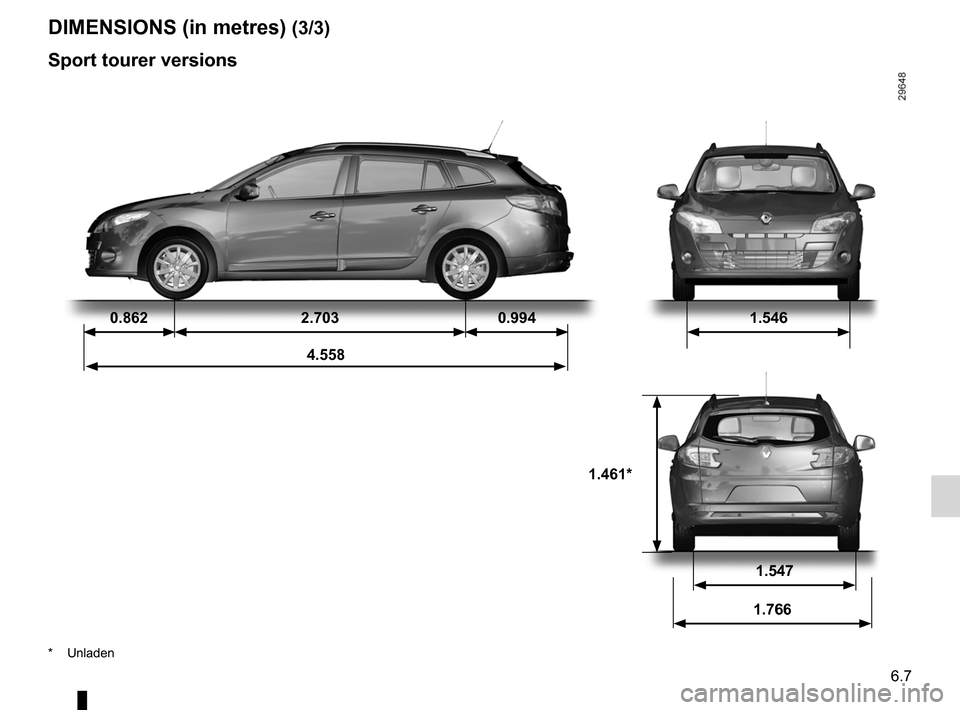RENAULT MEGANE RS 2012 X95 / 3.G Owners Manual JauneNoirNoir texte
6.7
ENG_UD14419_4
Dimensions (en mètre) (X95 - B95 - D95 - Renault)
ENG_NU_837-6_BDK95_Renault_6
dimensions (in metres) (3/3)
sport tourer versions
0.862 2.703 0.994 1.546
4.558
1 RENAULT MEGANE RS 2012 X95 / 3.G Owners Manual JauneNoirNoir texte
6.7
ENG_UD14419_4
Dimensions (en mètre) (X95 - B95 - D95 - Renault)
ENG_NU_837-6_BDK95_Renault_6
dimensions (in metres) (3/3)
sport tourer versions
0.862 2.703 0.994 1.546
4.558
1
