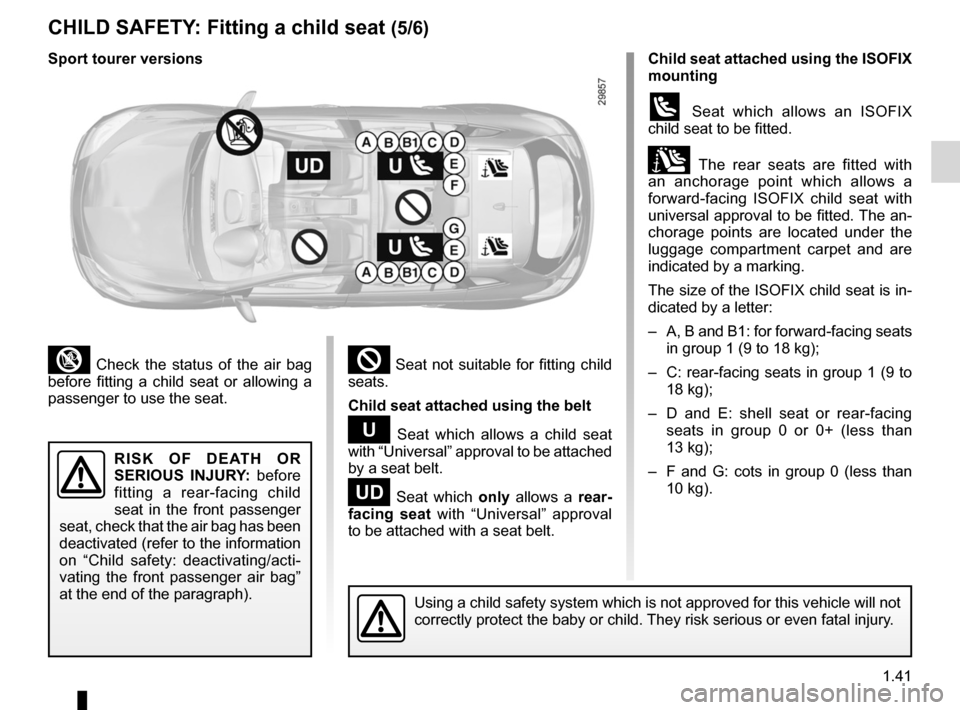 RENAULT MEGANE RS 2012 X95 / 3.G Service Manual JauneNoirNoir texte
1.41
ENG_UD18892_5
Sécurité enfants : installation du siège enfant (X95 - B95 - D\
95 - Renault)
ENG_NU_837-6_BDK95_Renault_1
² Seat not suitable for fitting child
seats RENAULT MEGANE RS 2012 X95 / 3.G Service Manual JauneNoirNoir texte
1.41
ENG_UD18892_5
Sécurité enfants : installation du siège enfant (X95 - B95 - D\
95 - Renault)
ENG_NU_837-6_BDK95_Renault_1
² Seat not suitable for fitting child
seats