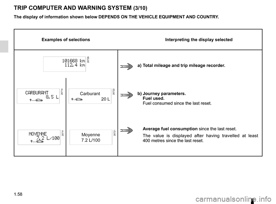 RENAULT MEGANE RS 2012 X95 / 3.G Repair Manual 1.58
ENG_UD18879_3
Ordinateur de bord (X95 - B95 - D95 - Renault)
ENG_NU_837-6_BDK95_Renault_1
Jaune NoirNoir texte
TRIp cOmpUTER  ANd WARNINg sYsTEm (3/10)
Examples of selections Interpreting the dis
