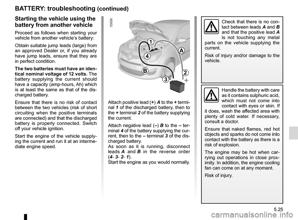 RENAULT TWINGO 2012 2.G Owners Manual JauneNoirNoir texte
5.25
ENG_UD24705_3
Batterie : dépannage (X44 - Renault)
ENG_NU_952-4_X44_Renault_5
BA tter Y: troubleshooting  (continued)
Starting the vehicle using the 
battery from another veh