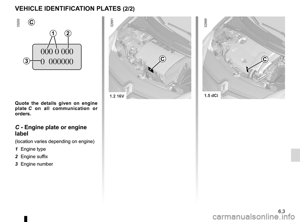 RENAULT TWINGO 2012 2.G Owners Manual JauneNoirNoir texte
6.3
ENG_UD29237_7
Plaques d identification (X44 - Renault)
ENG_NU_952-4_X44_Renault_6
Quote  the  details  given  on  engine 
plate  C  on  all  communication  or 
orders.
C - Engi