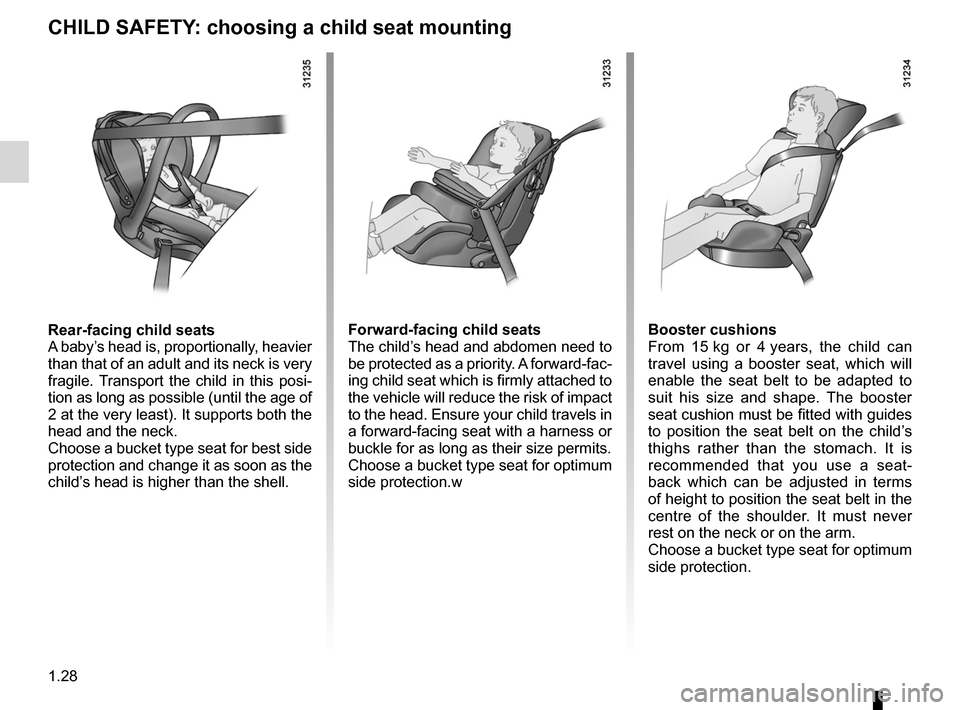 RENAULT TWINGO 2012 2.G Owners Manual 1.28
ENG_UD24724_2
Sécurité enfants : choix du siège enfant (X44 - Renault)
ENG_NU_952-4_X44_Renault_1
Rear-facing child seats
A baby’s head is, proportionally, heavier 
than that of an adult and