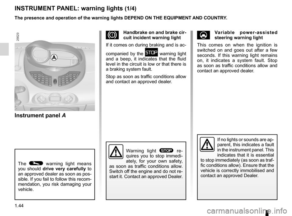 RENAULT TWINGO 2012 2.G Service Manual controls ................................................. (up to the end of the DU)
instrument panel  ................................... (up to the end of the DU)
warning lights ....................