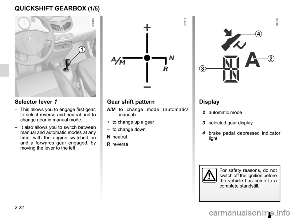 RENAULT TWINGO 2012 2.G Owners Guide Quickshift gearbox ................................ (up to the end of the DU)
2.22
ENG_UD24716_6
Boîte de vitesses Quickshift (X44 - Renault)
ENG_NU_952-4_X44_Renault_2
Jaune NoirNoir texte
Quickshif