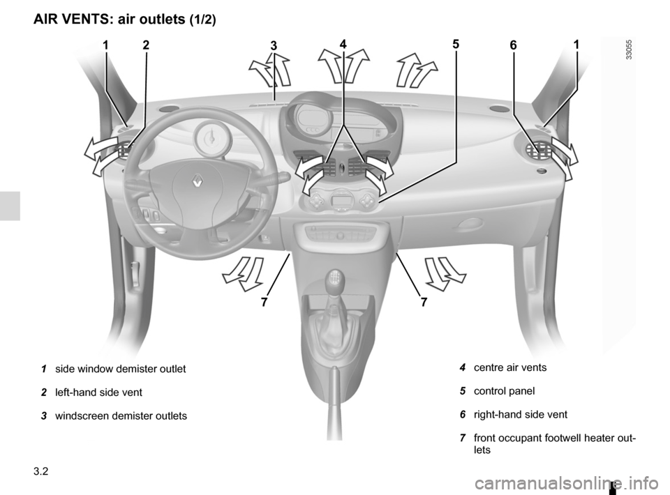 RENAULT TWINGO 2012 2.G Owners Manual air vents ................................................ (up to the end of the DU)
3.2
ENG_UD26883_3
Aérateurs: sorties d’air (X44 - Renault)
ENG_NU_952-4_X44_Renault_3
Jaune NoirNoir texte
Air v