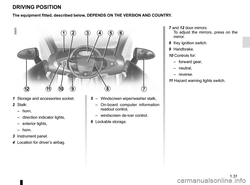 RENAULT TWIZY 2012 1.G Owners Manual 1.31
DRIVING POSITION
7 and 12 door mirrorsTo adjust the mirrors, press on the 
mirror.
8   Key ignition switch.
9 Handbrake.
10  Controls for: – forward gear,
– neutral,
– reverse.
11   Hazard 