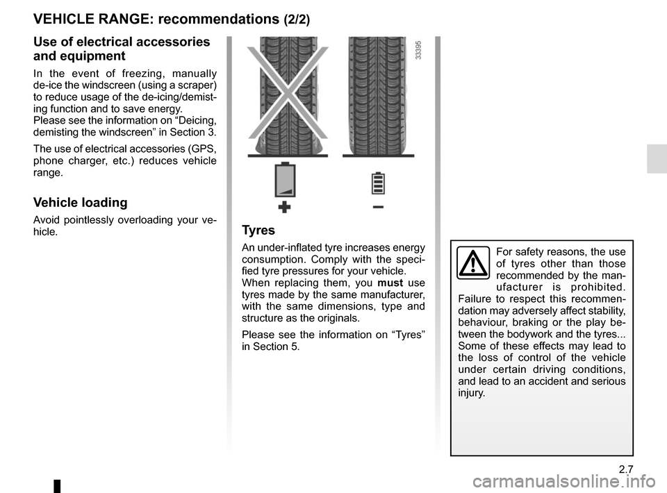 RENAULT TWIZY 2012 1.G Owners Manual 2.7
VEHICLE RANGE: recommendations (2/2)
Tyres
An under-inflated tyre increases energy 
consumption. Comply with the speci-
fied tyre pressures for your vehicle.
When replacing them, you must use 
tyr