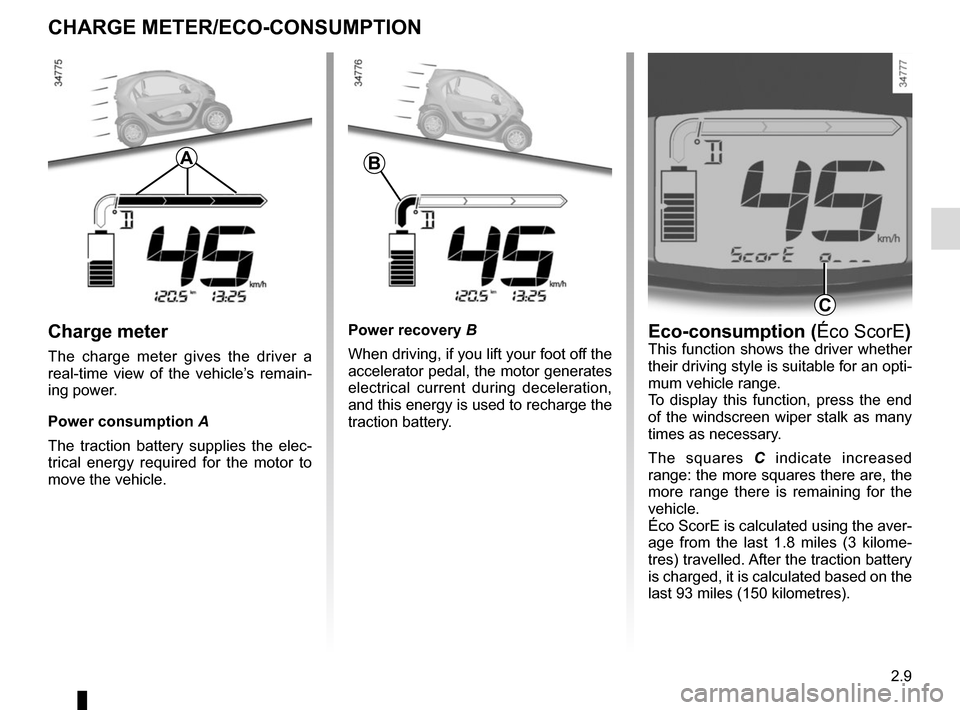 RENAULT TWIZY 2012 1.G User Guide 2.9
CHARGE METER/ECO-CONSUMPTION
Eco-consumption (Éco ScorE)This function shows the driver whether 
their driving style is suitable for an opti-
mum vehicle range.
To display this function, press the