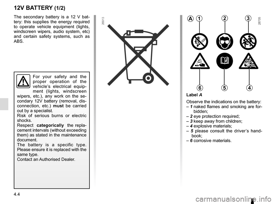 RENAULT TWIZY 2012 1.G User Guide 4.4
12V BATTERY (1/2)
The secondary battery is a 12 V bat-
tery: this supplies the energy required 
to operate vehicle equipment (lights, 
windscreen wipers, audio system, etc) 
and certain safety sys