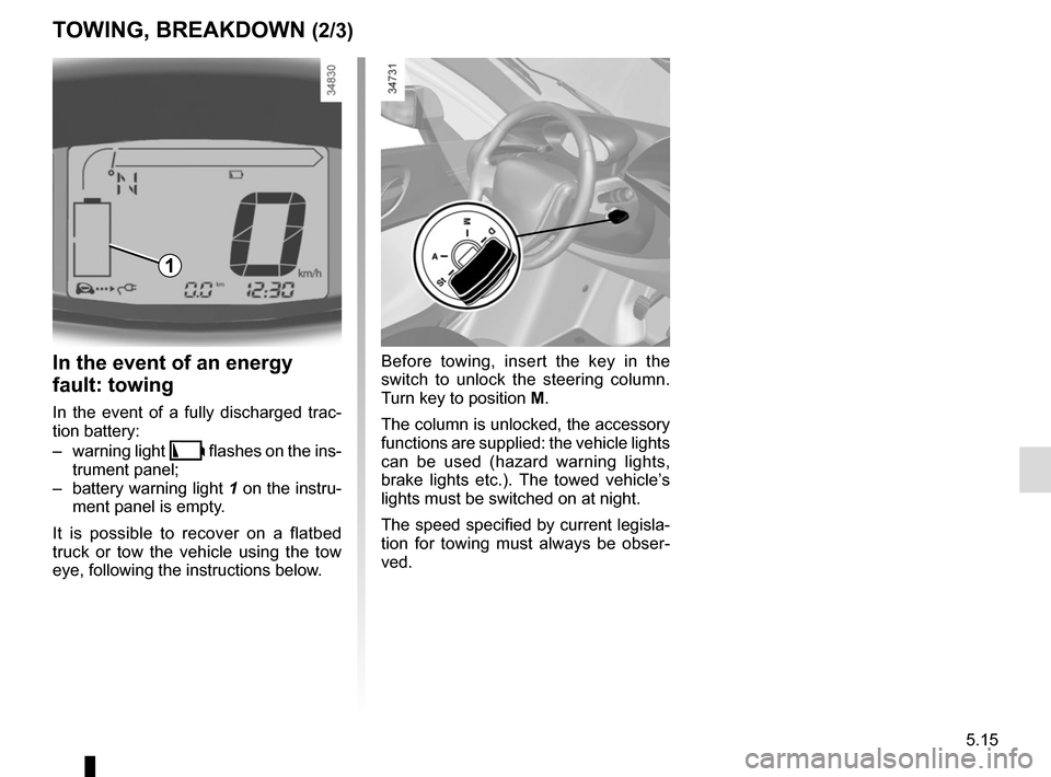 RENAULT TWIZY 2012 1.G Owners Manual 5.15
TOWING, BREAKDOWN (2/3)
In the event of an energy 
fault: towing
In the event of a fully discharged trac-
tion battery:
– warning light 
\b flashes on the ins-
trument panel;
–  battery warni