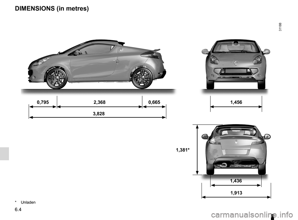 RENAULT WIND 2012 1.G Owners Manual technical specifications ......................... (up to the end of the DU)
dimensions  ........................................... (up to the end of the DU)
6.4
ENG_UD11242_1
Dimensions (en mètre) 