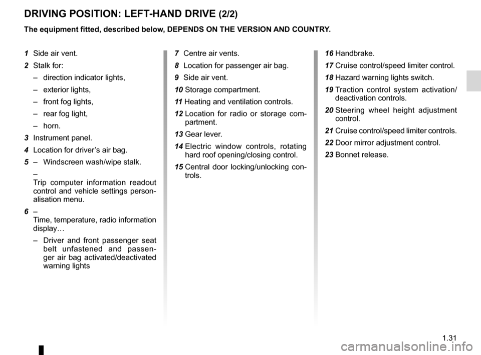 RENAULT WIND 2012 1.G Owners Guide JauneNoirNoir texte
1.31
ENG_UD11168_1
Poste de conduite direction à gauche (E33 - X33 - Renault)
ENG_NU_865-6_E33_Renault_1
DRIVING pOSITION: LEFT -HAND DRIVE (2/2)
1 Side air vent.
2  Stalk for:
�