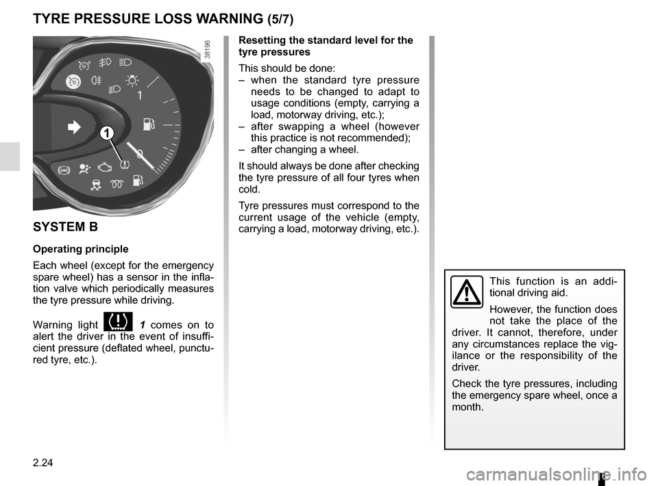 RENAULT CAPTUR 2014 1.G Owners Manual 2.24
TYRE PRESSURE LOSS WARNING (5/7)
SYSTEM B
Operating principle
Each wheel (except for the emergency 
spare wheel) has a sensor in the infla-
tion valve which periodically measures 
the tyre pressu