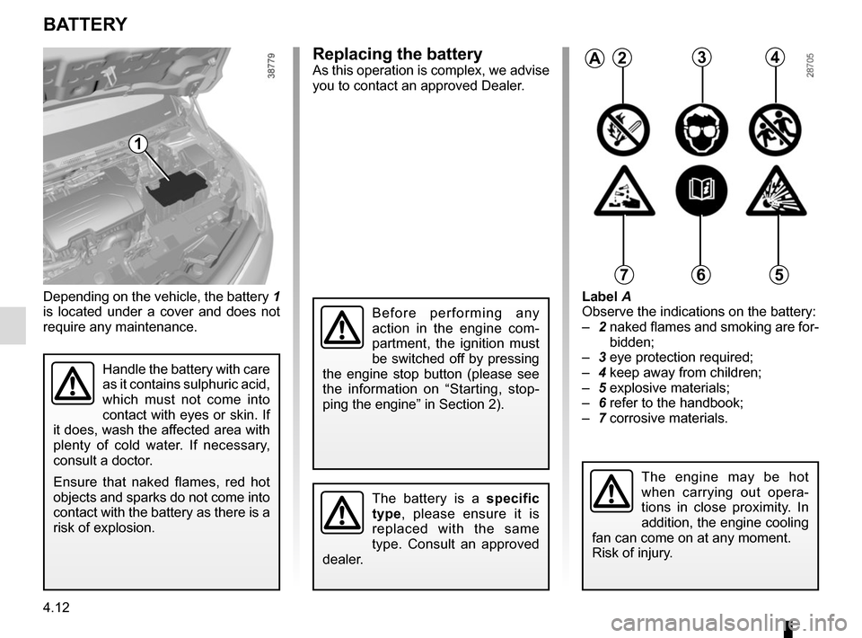 RENAULT CAPTUR 2014 1.G Owners Guide 4.12
Depending on the vehicle, the battery 1 
is located under a cover and does not 
require any maintenance. Label A
Observe the indications on the battery:
– 
2  naked flames and smoking are for-
