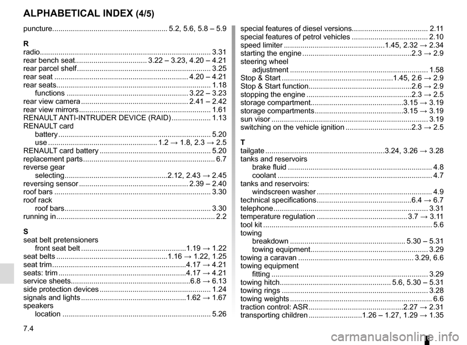 RENAULT CAPTUR 2014 1.G Service Manual 7.4
ALPHABETICAL INDEX (4/5)
puncture........................................................ 5.2, 5.6, 5.8 – 5.9
R
radio...................................................................\
........