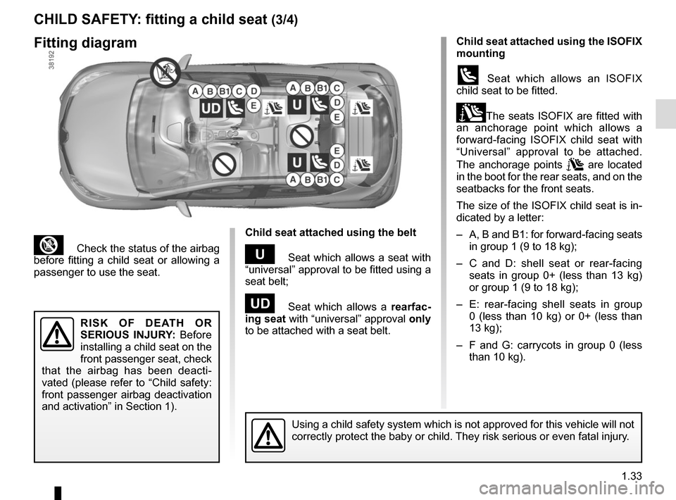 RENAULT CAPTUR 2014 1.G Owners Manual 1.33
³  Check the status of the airbag 
before fitting a child seat or allowing a 
passenger to use the seat.
CHILD SAFETY: fitting a child seat (3/4)
Child seat attached using the belt
¬  Seat whic