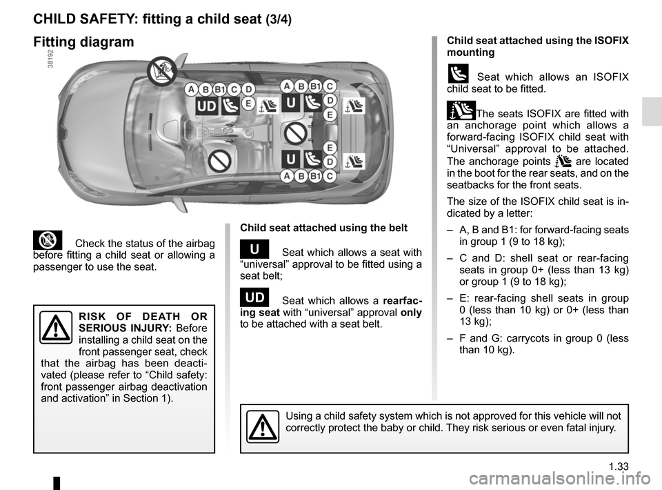 RENAULT CAPTUR 2014 1.G Owners Guide 1.33
³ Check the status of the airbag
before fitting a child seat or allowing a
passenger to use the seat.
CHILD SAFETY: fitting a child seat (3/4)
Child seat attached using the belt
¬ Seat whic RENAULT CAPTUR 2014 1.G Owners Guide 1.33
³ Check the status of the airbag
before fitting a child seat or allowing a
passenger to use the seat.
CHILD SAFETY: fitting a child seat (3/4)
Child seat attached using the belt
¬ Seat whic