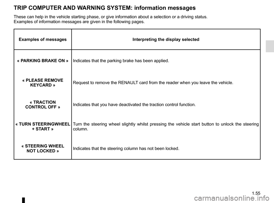 RENAULT CAPTUR 2014 1.G Repair Manual 1.55
TRIP COMPUTER AND WARNING SYSTEM: information messages
Examples of messagesInterpreting the display selected
« PARKING BRAKE ON »   Indicates that the parking brake has been applied.
« PLEASE 